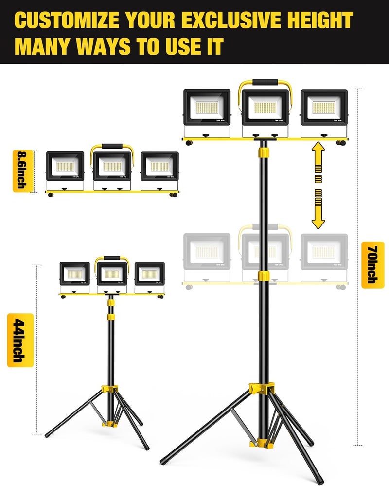 SOARFLY Upgraded LED Work Lights with Stand, 21000 Lumen, 3-Head Adjustable Work Light, Waterproof Foldable Tripod, Extended Cord for Outdoor & Indoor Job Sites, Workshops, Construction, Garage Lighting - Image 2